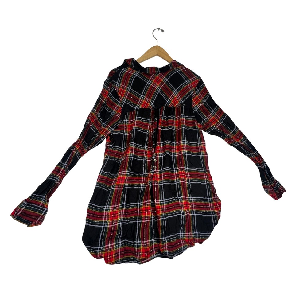 Maurices Red Black Plaid Metallic Lurex Button Down Tunic Top Size 0